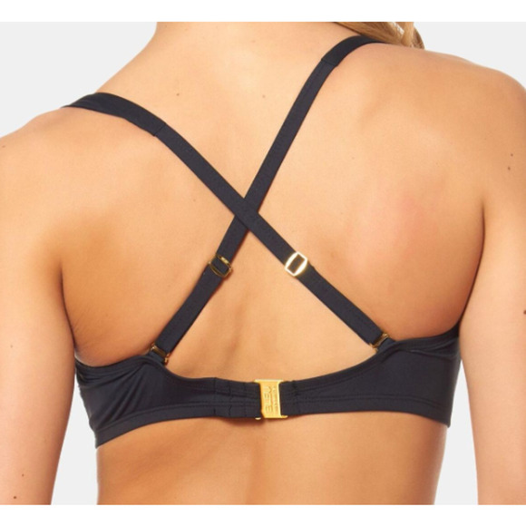 BLEU by Rod Beattie Black Ruched Detail Criss-Cross Back Bikini Top Size 40D - Picture 2 of 8